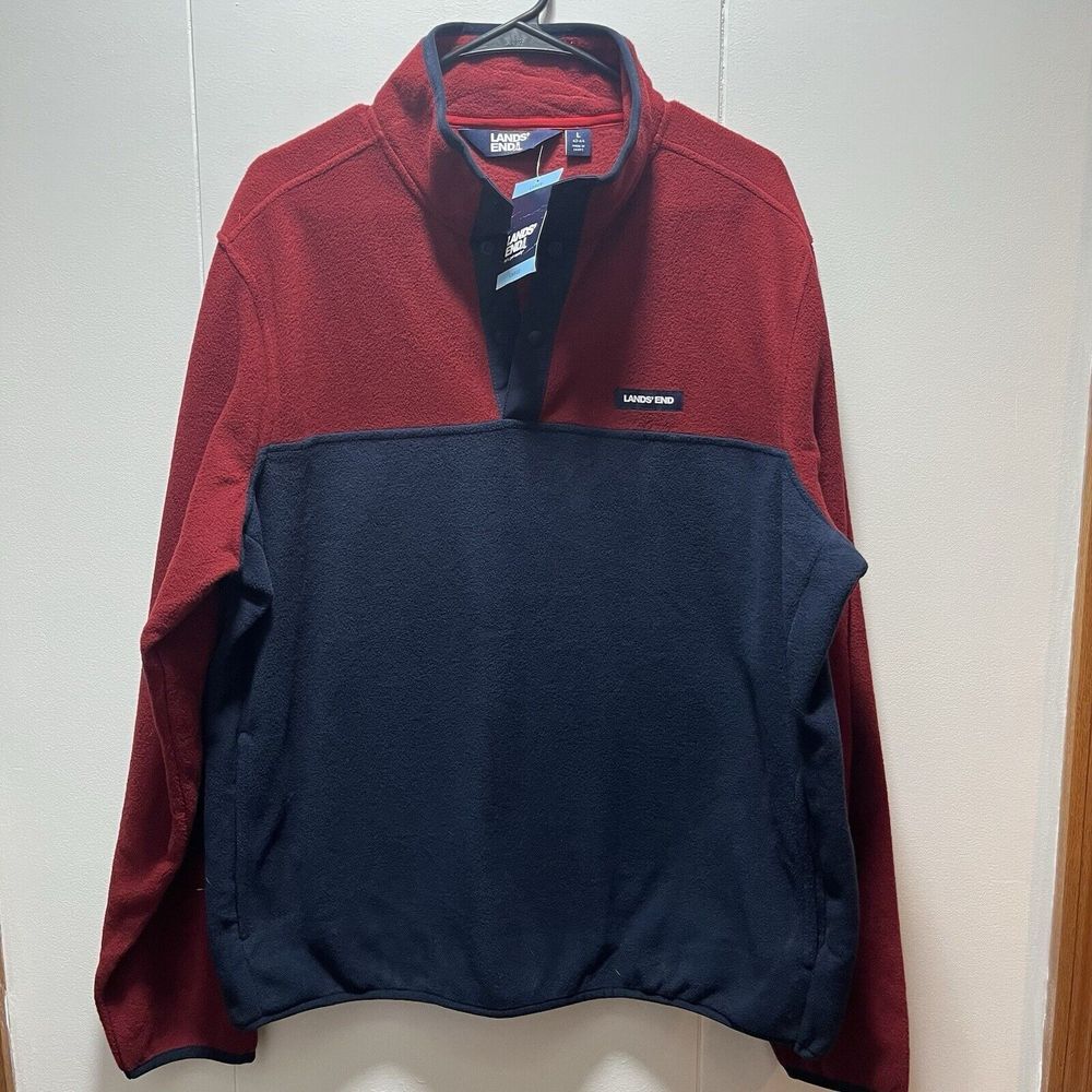 Lands End Mens Size Large Fleece Snap Neck Pullover Sweatshirt Red Blue NEW